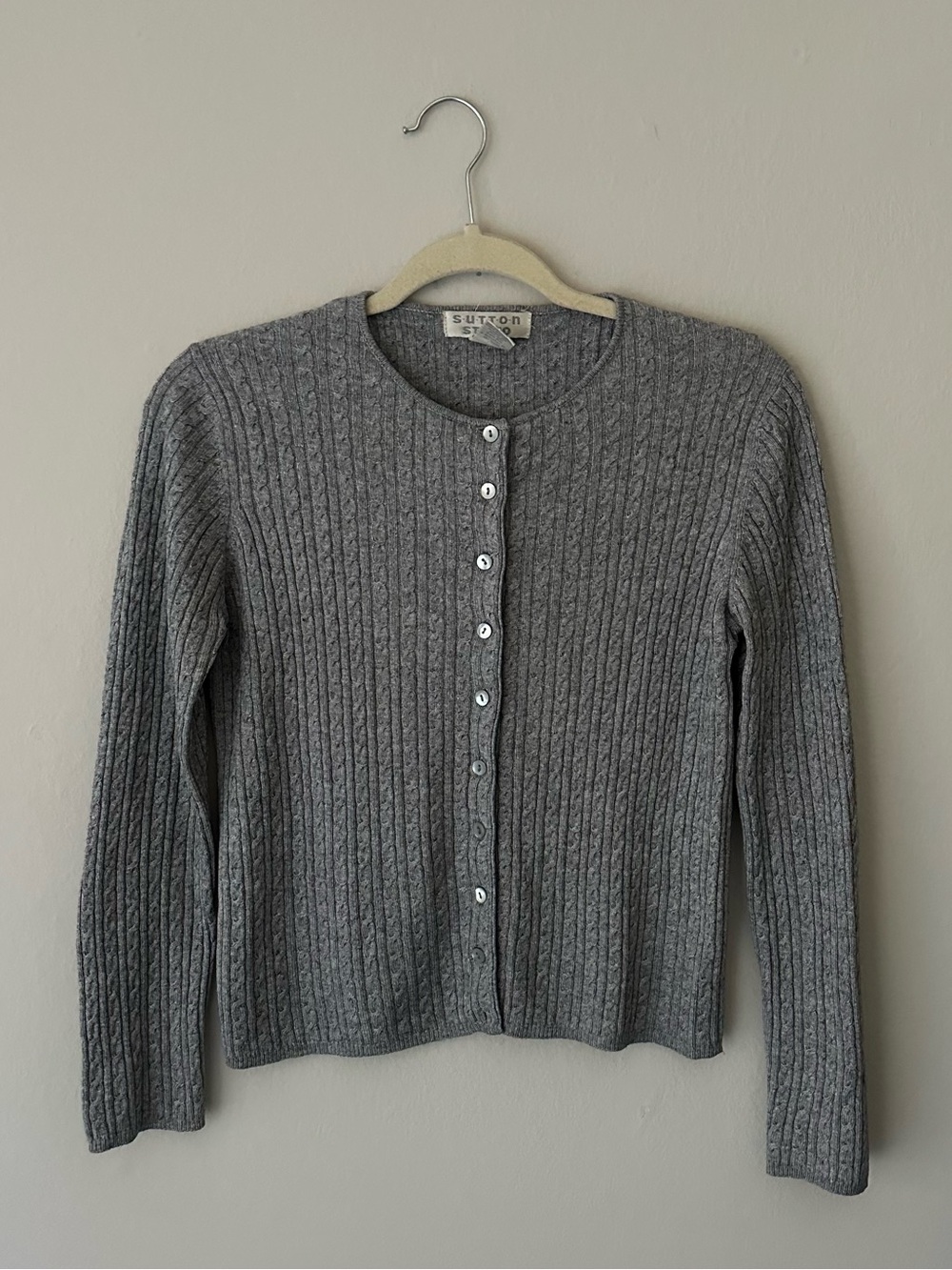 Sutton Studio Cashmere Wool Blend Cable knit Gray Ribbed Button Cardigan M